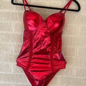 DEVIL COSTUME RED METALLIC BODYSUIT AND SHORTS